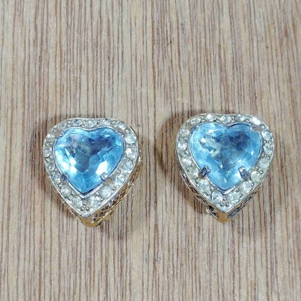 Vintage Leru Clip-on Earrings Blue Heart Rhinestone Crystal Signed Filigree Edge